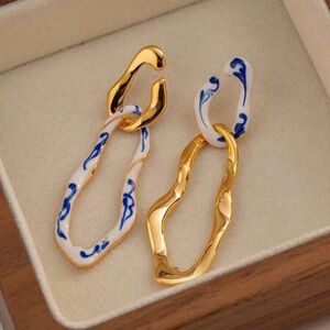 Gold and Blue Porcelain Link Drop Earrings - Women Jewelry